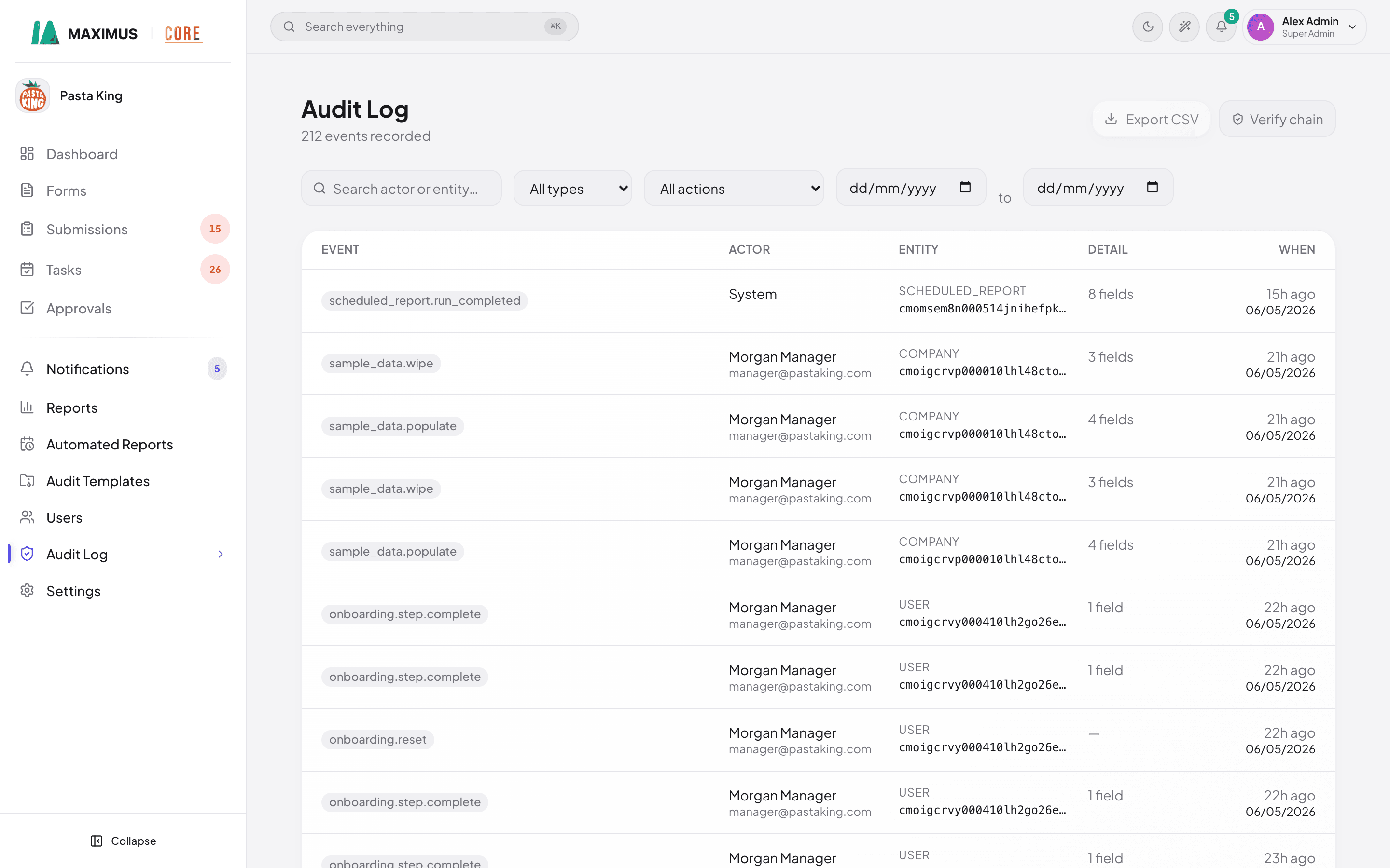 The Maximus Core audit log open in the same Pasta King workspace, showing 212 recorded events with actor, entity, detail, and timestamp columns.