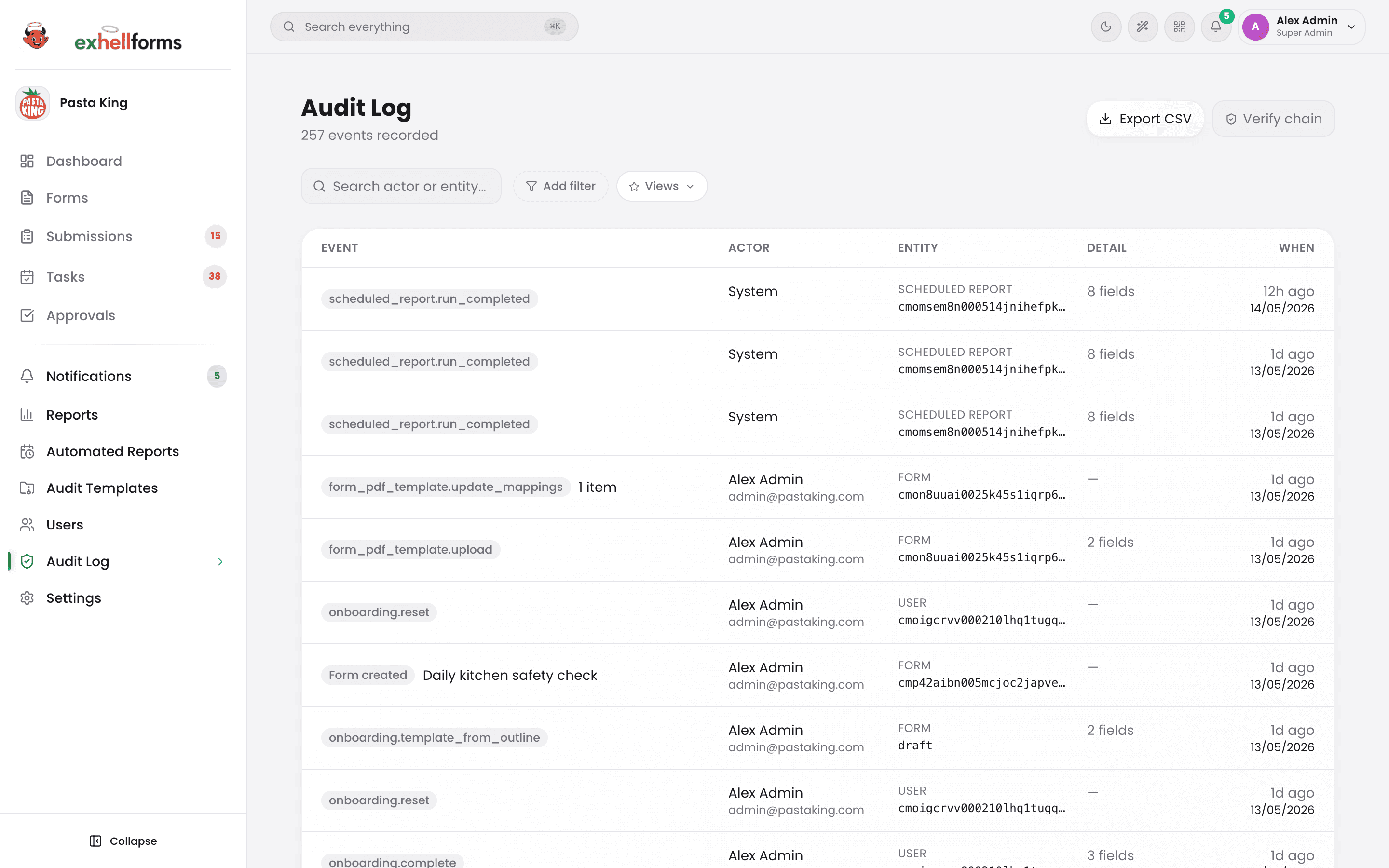 The exhellforms audit log open in the same Pasta King workspace, showing recorded events with actor, entity, detail, and timestamp columns.