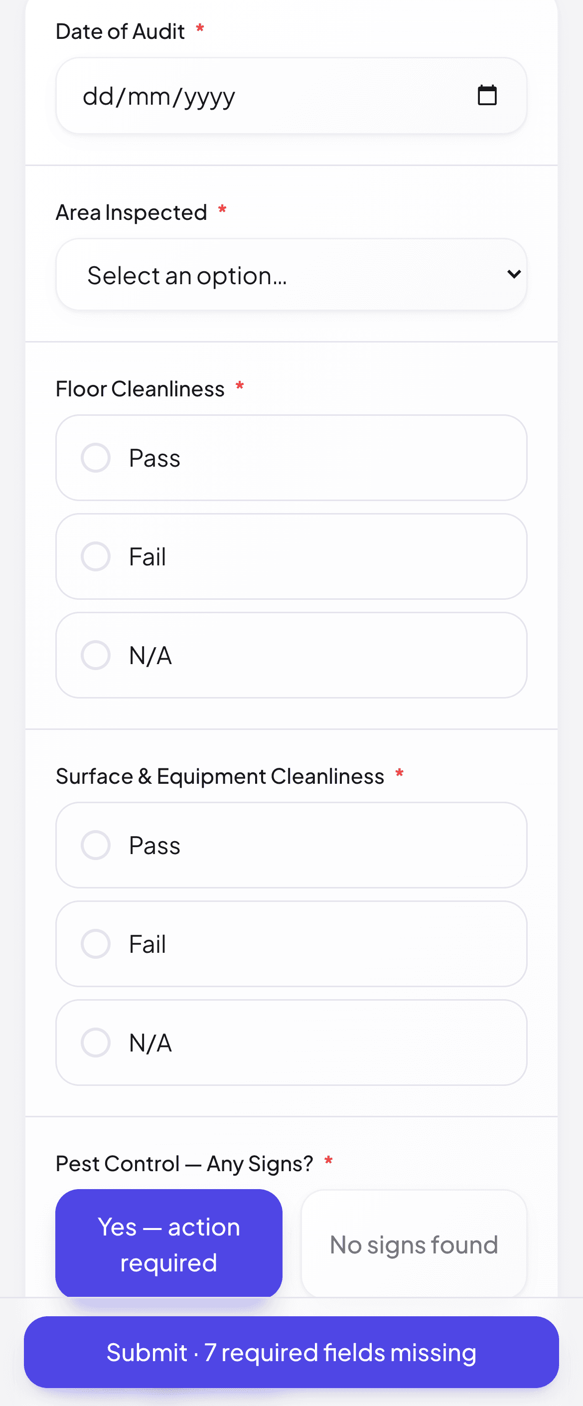 A staff member filling in a Hygiene Audit on a phone — date, dropdown, Pass/Fail/N/A radios, and a Yes/No yes-action-required answer.